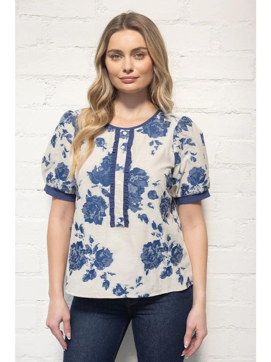 Button Down Contrast Detail Floral Jacqaurd Top