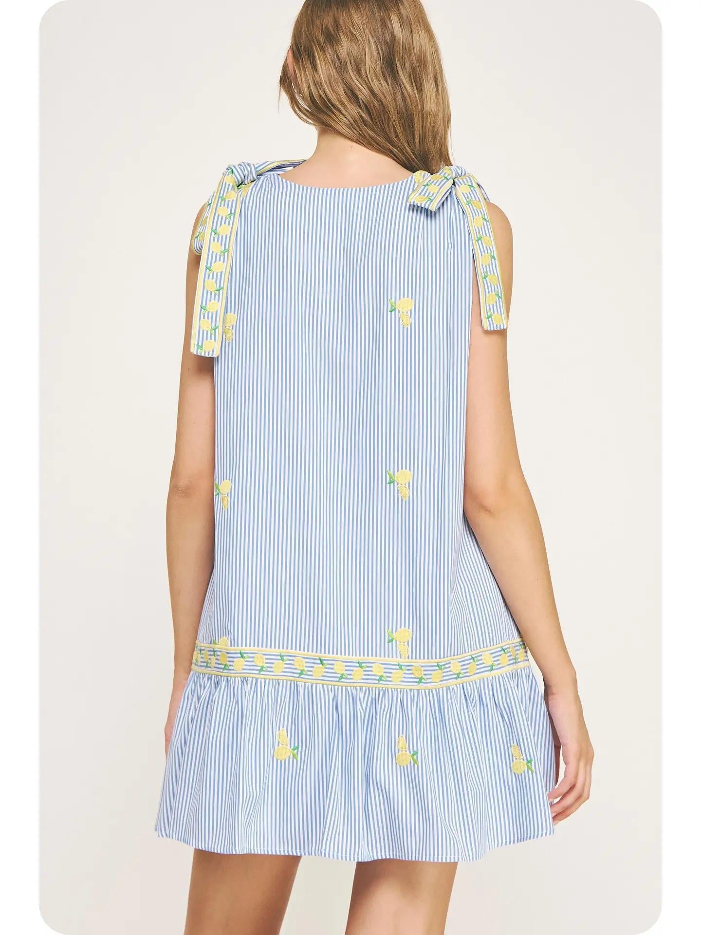 Lemon Embroidery Bow Strap Detail Stripe Mini Dress