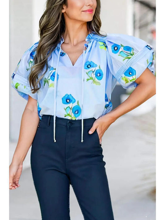 Floral Print Flutter Sleeve Tie Neck Shift Top