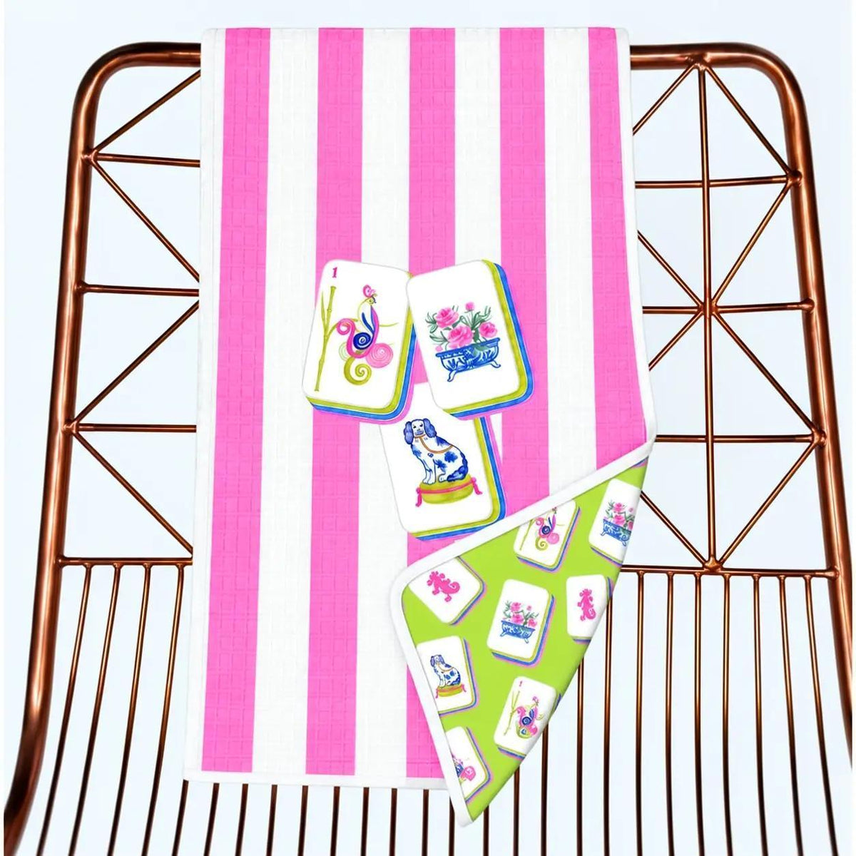 Mahjong Gift Towel Tile Pink Stripe Microfiber Doublesided