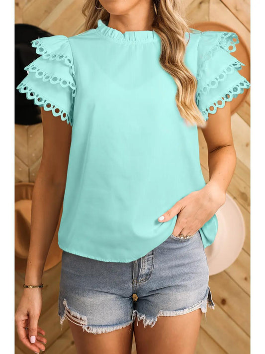 Women Layered Rickrac Cap Sleeve Filled Neck Blouse