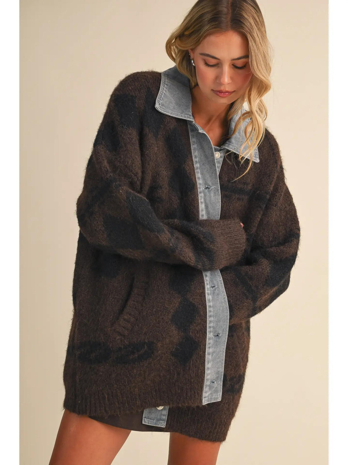 Denim Contrast Pattern Sweater Cardigan