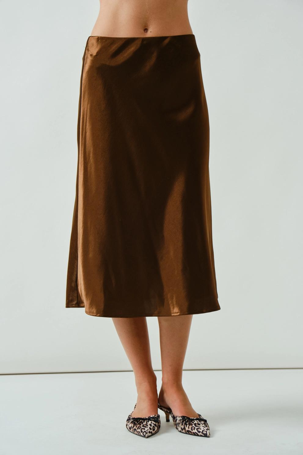 Holiday A-Line Satin Midi Skirt (Brown)
