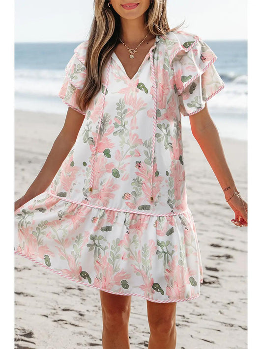Floral Contrast Edge Layered Tied Neck Mini Dress