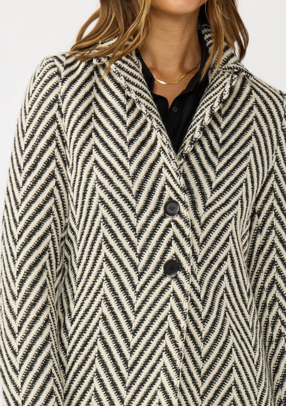 Chevron Notched Lapel Long Sleeve Coat