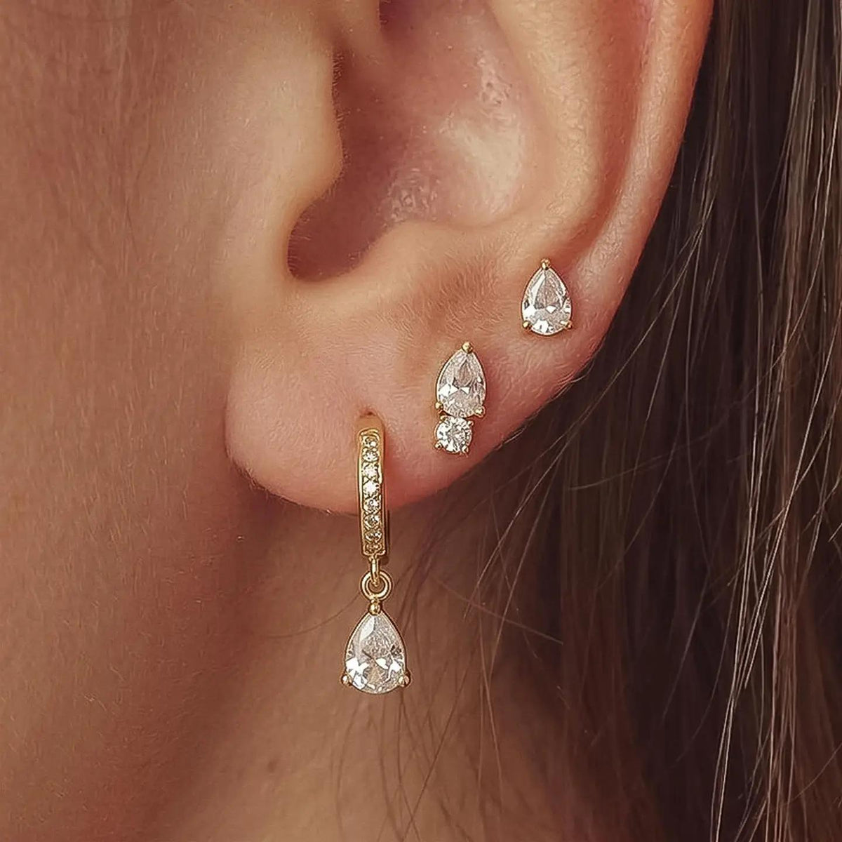 Saône 18K Gold Non-Tarnish Cz Teardrop Earrings Set