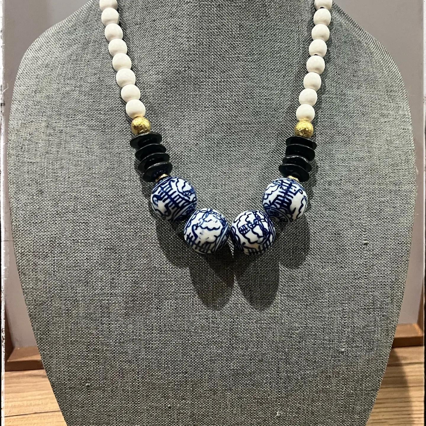 Wood, Glass Bone Bead Short Necklace Layering Chinoiserie
