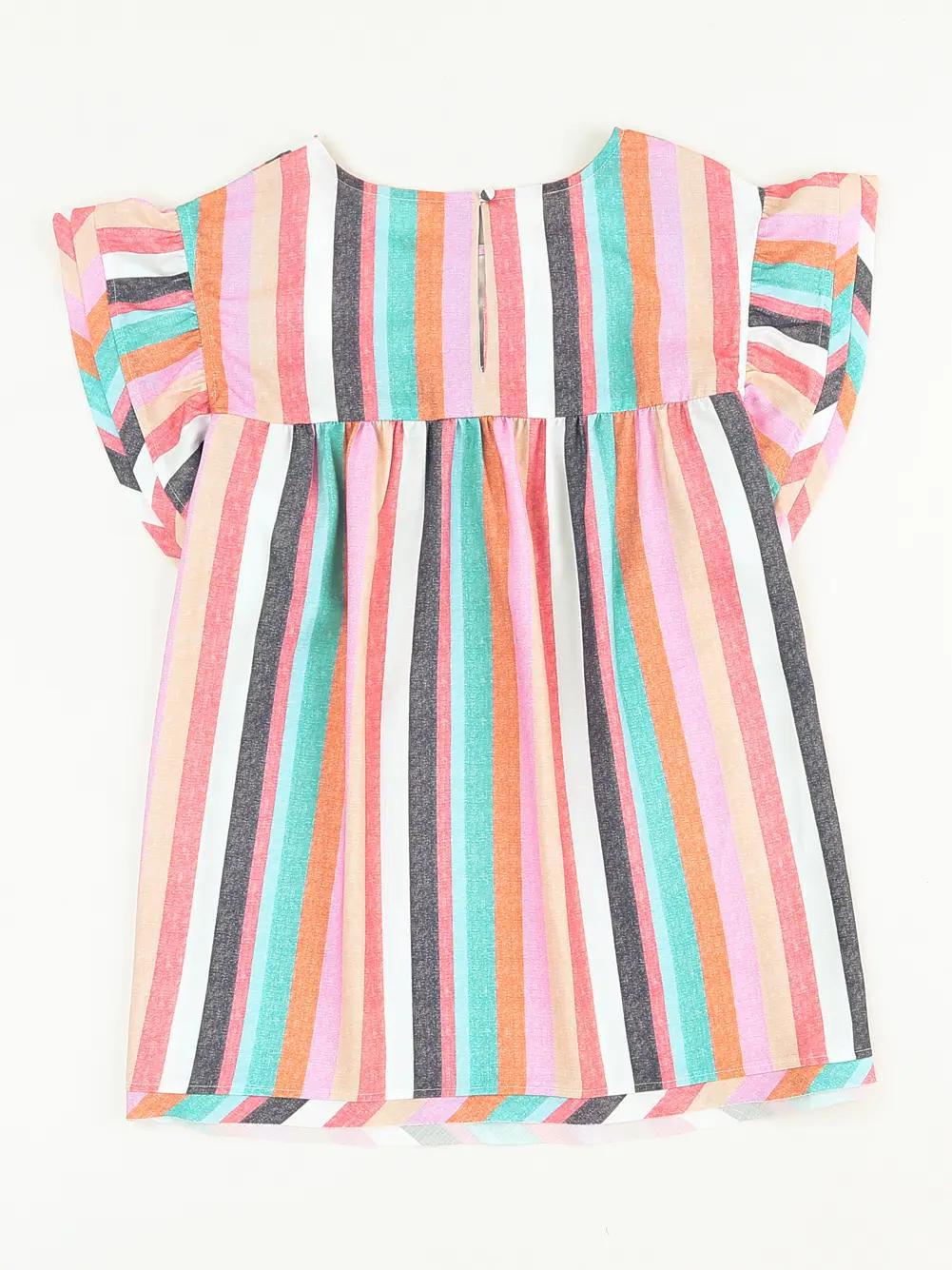 Women Striped Print Ruffle Cap Sleeve Top