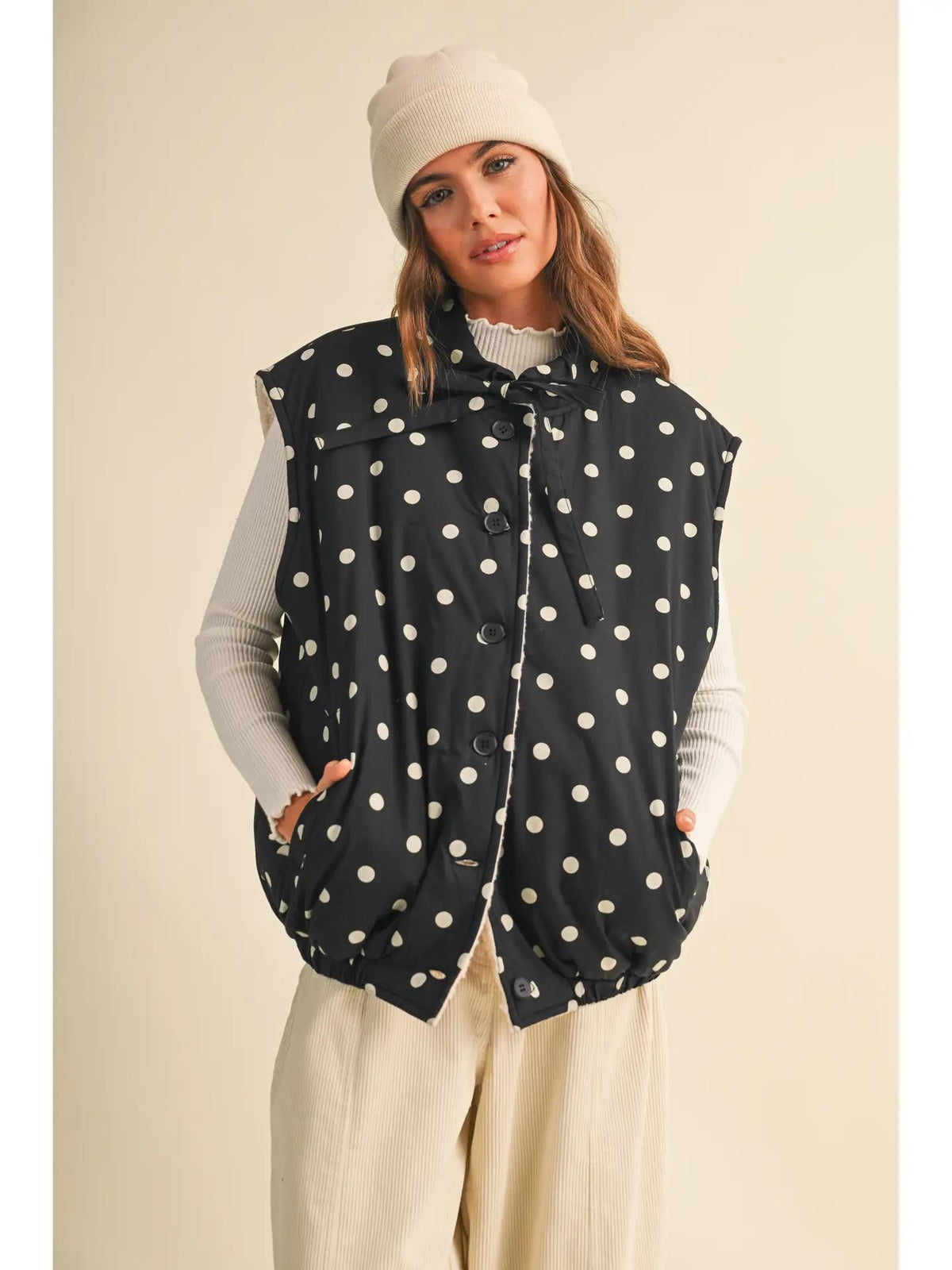 Polka Dot Printed Sherpa Combo Puff Vest
