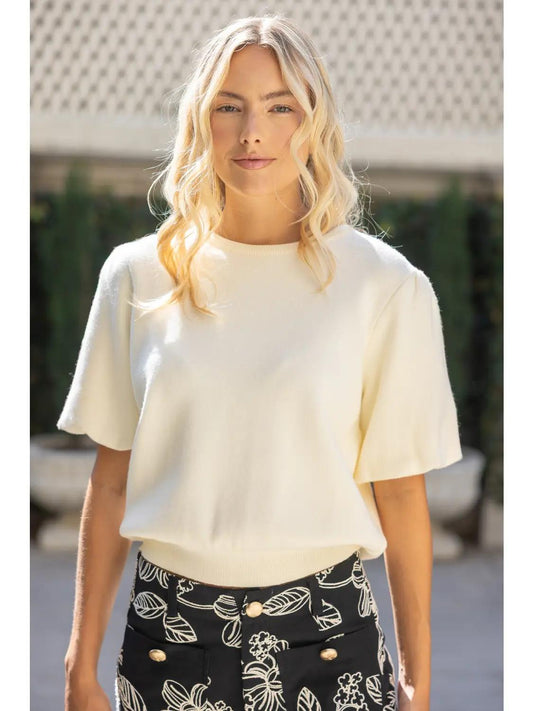 Solid Knit Short Bubble Sleeve Top- Cream