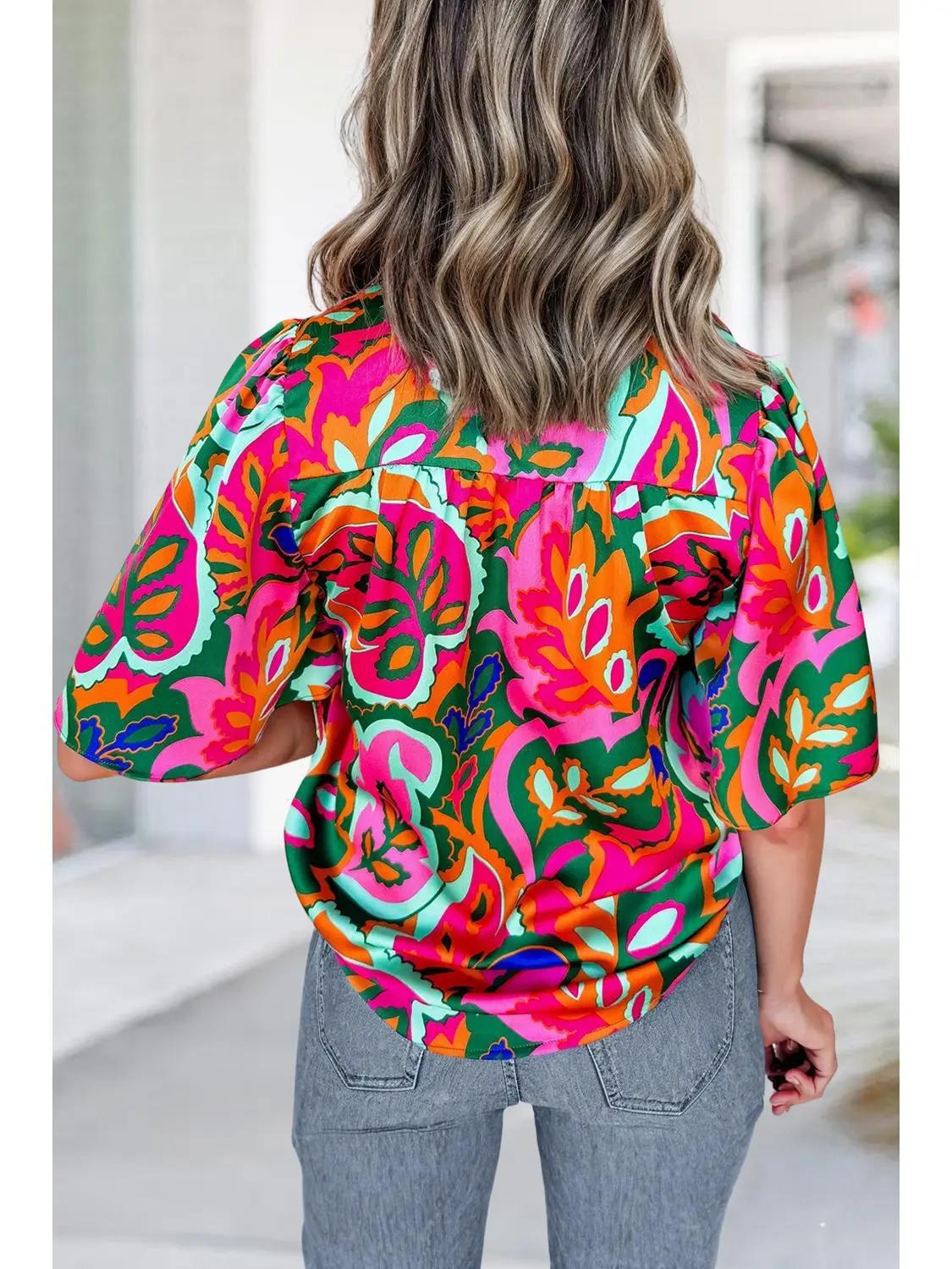 Tropical Print Tie Neck  Puff  Sleeve Blouse