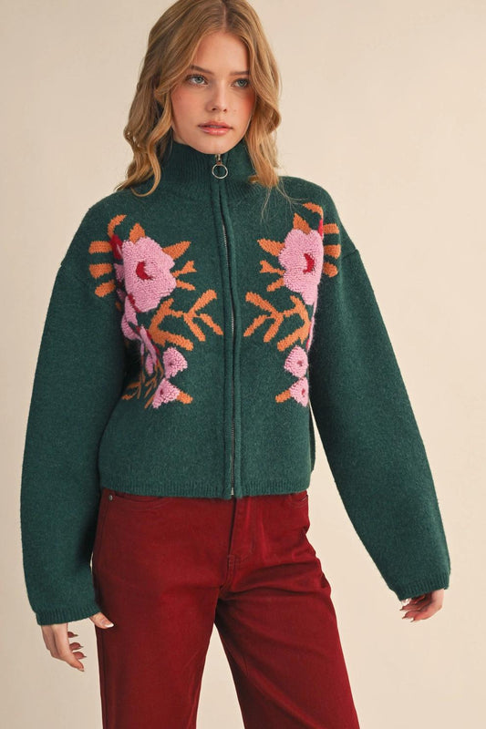 Floral Zip Up Sweater Cardigan