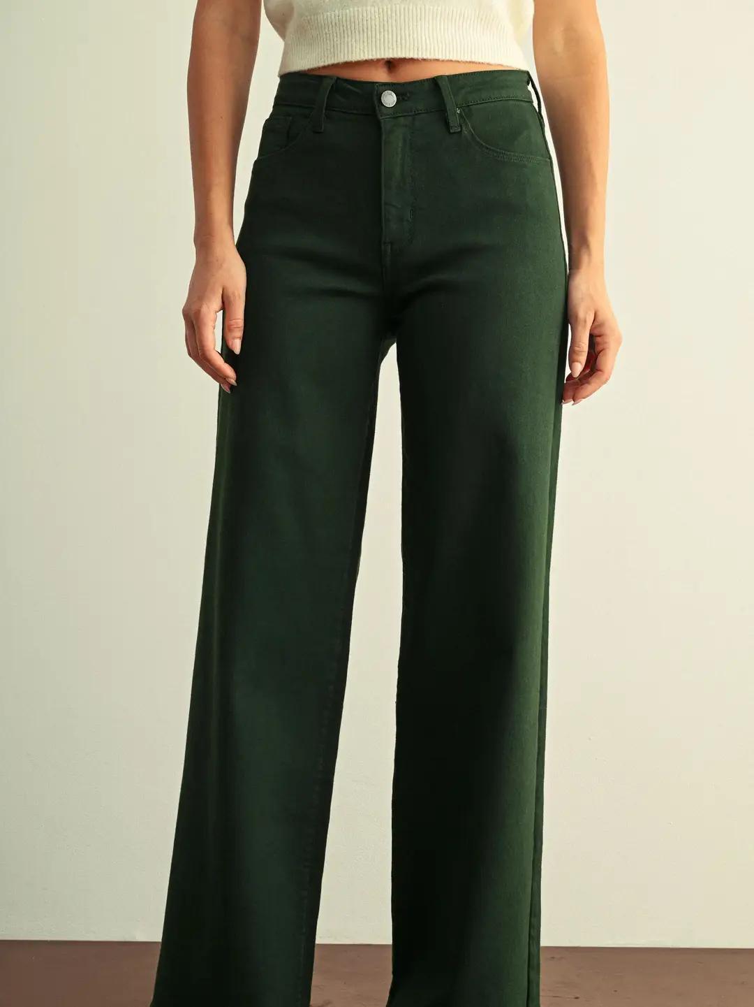 High Rise Stretchy Wide Leg - Dark Forest Green