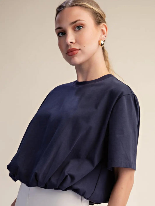 Cropped Bubble Hem T-Shirt- Navy