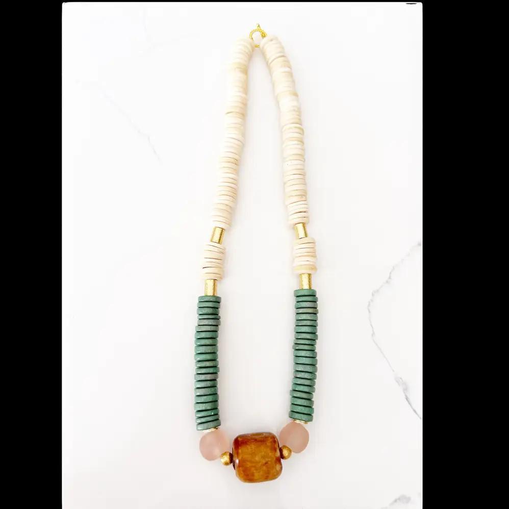 Midi Short Coconut Wood Bone Bead Recycled Glass Bead Green