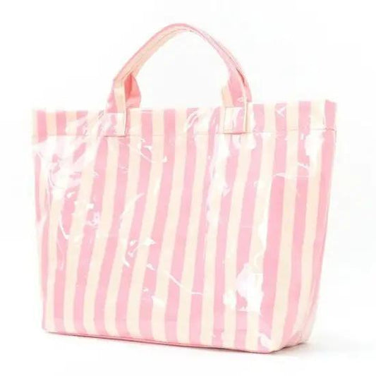 Large Striped Vinyl Tote Bags- Pink Yellow