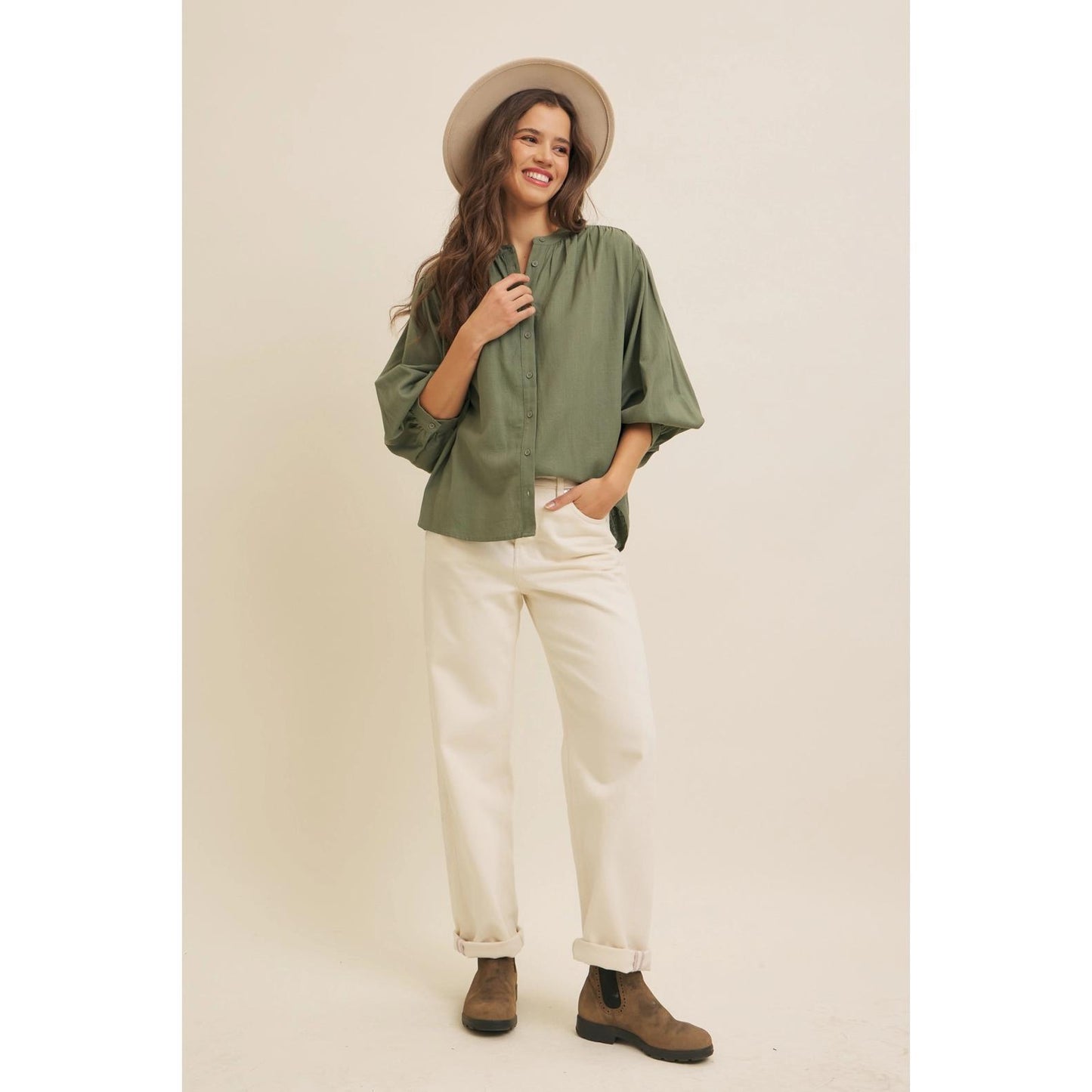 Olive Linen Blend Oversized Button-Down Blouse