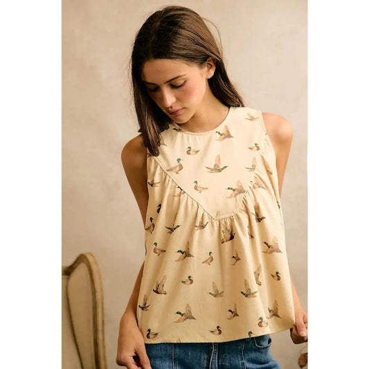 Mallard Duck Print Cotton Twill Wash Shirred Tank Top