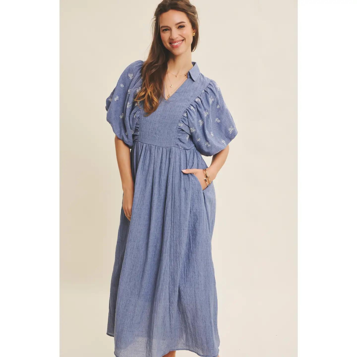 Embroidery Textured Midi Dress With Bubble Sleeves