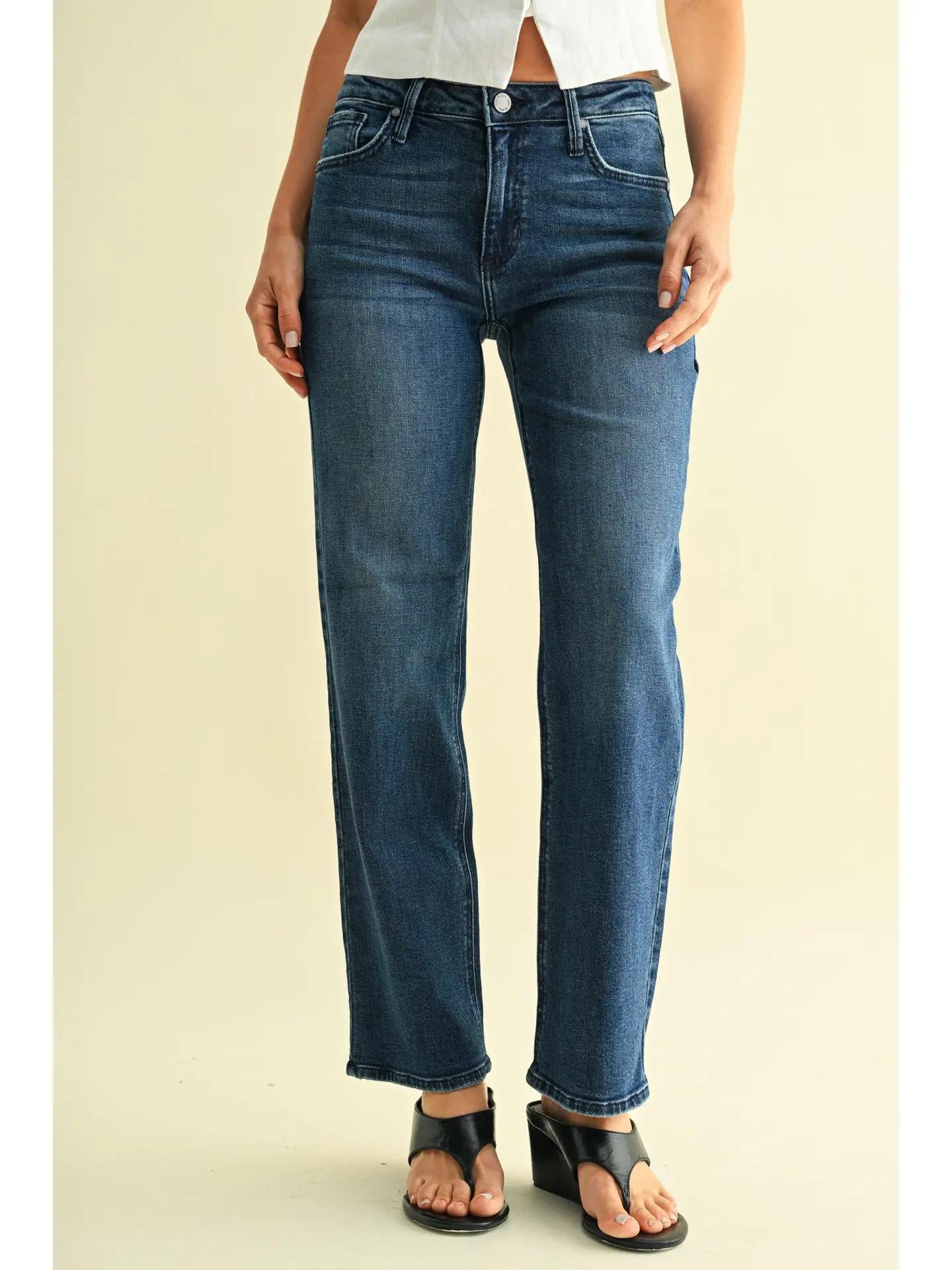 Mid Rise Stretchy Straight Leg Jean - Dark Denim