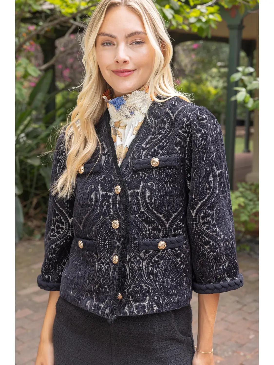 Braid and Gold Button Detail Velvet Jacquard Blazer