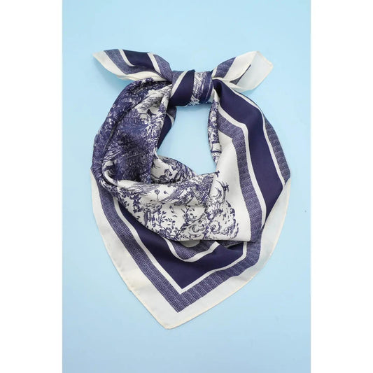 Large Floral Toile Print Bandana Scarf- Navy