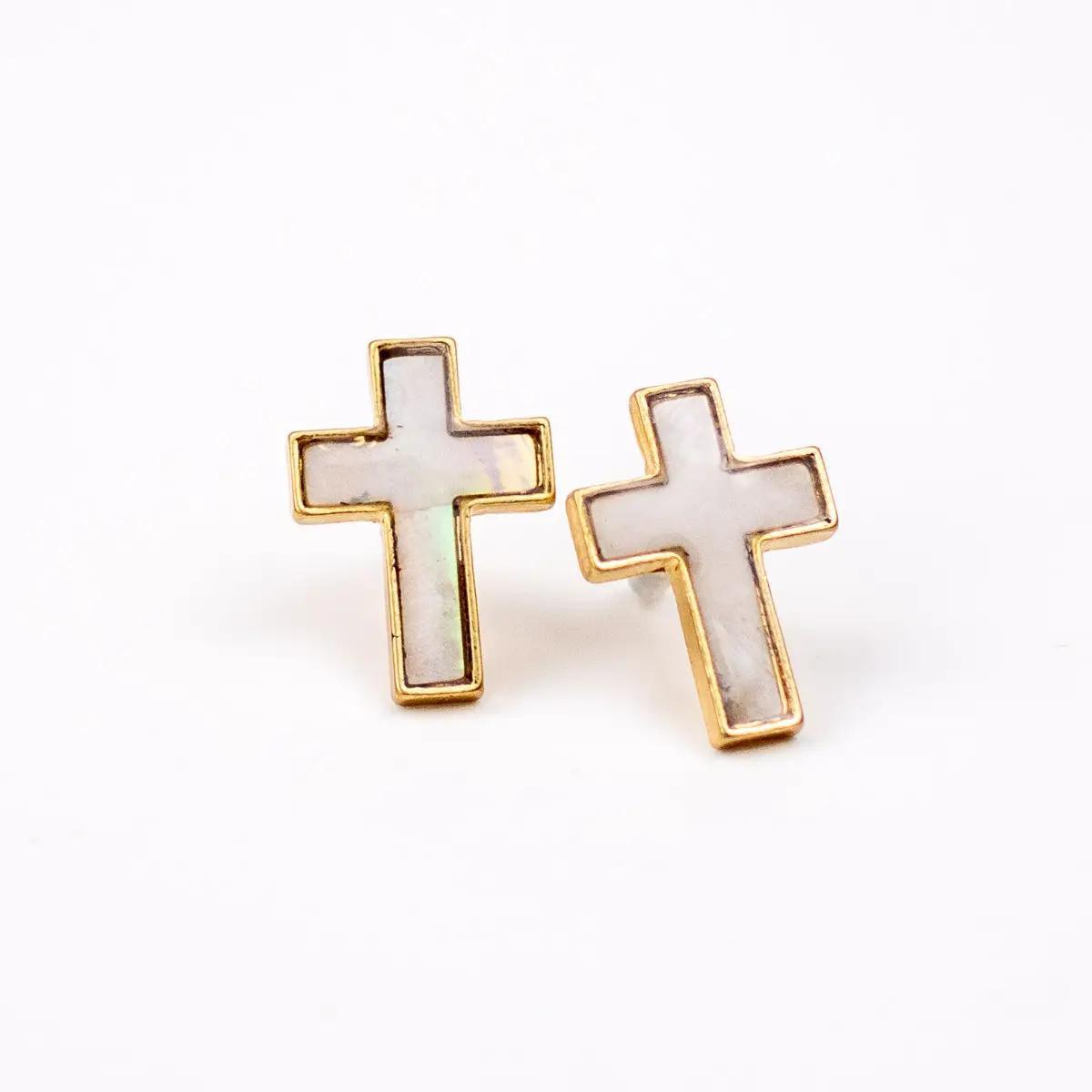 Rebekah Cross Stud Earrings White/Gold .75"