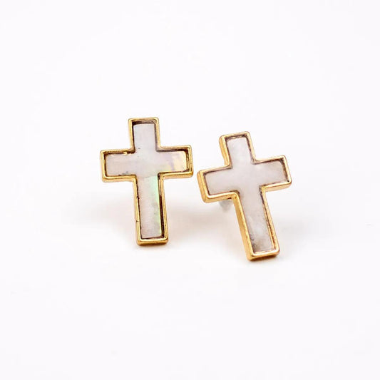 Rebekah Cross Stud Earrings White/Gold .75"