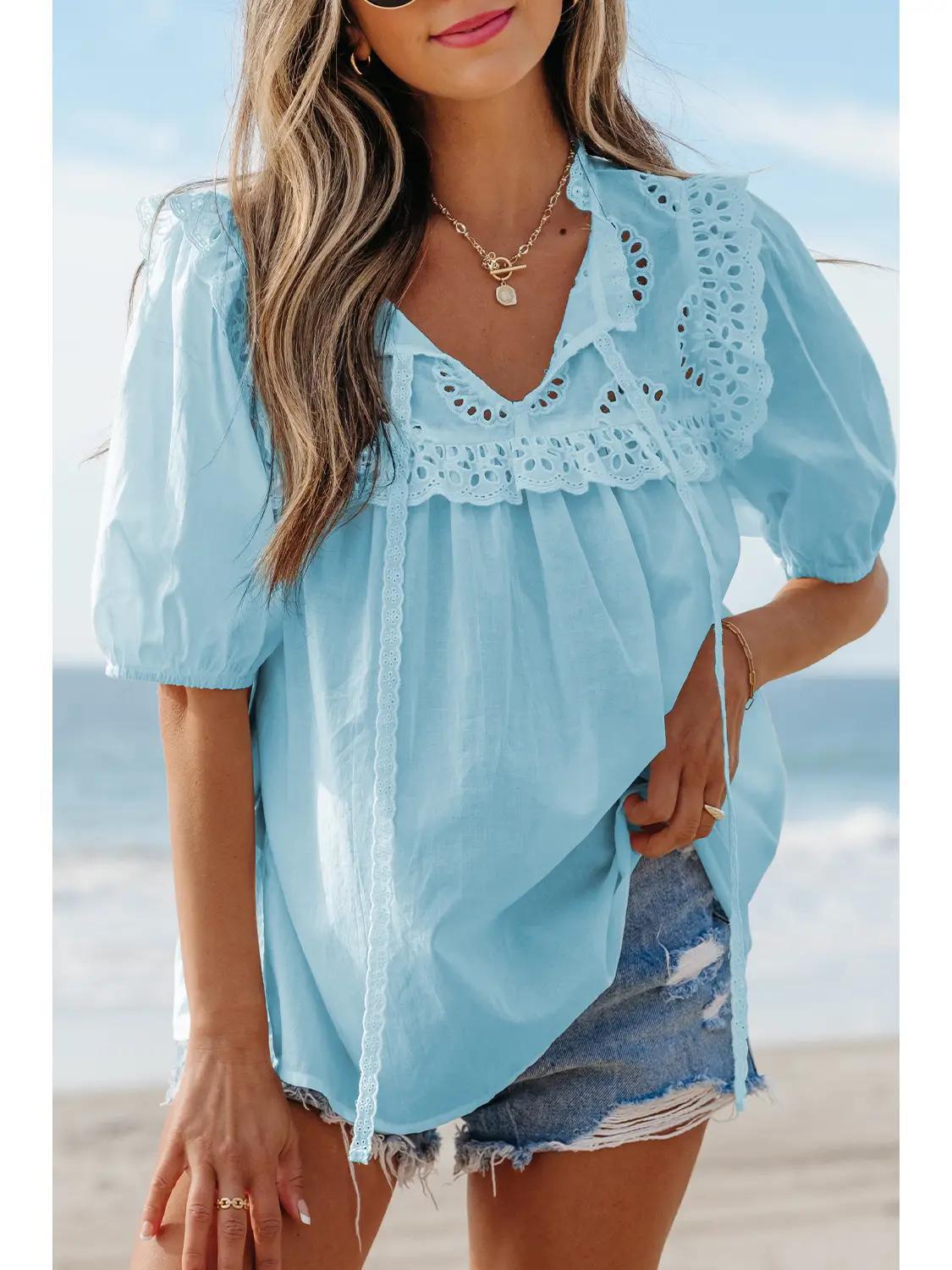 Embroidered Lace Puff Short Sleeve Blouse
