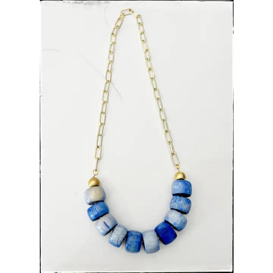 Paperclip Chain Necklace Carabiner Blue African Bone Bead