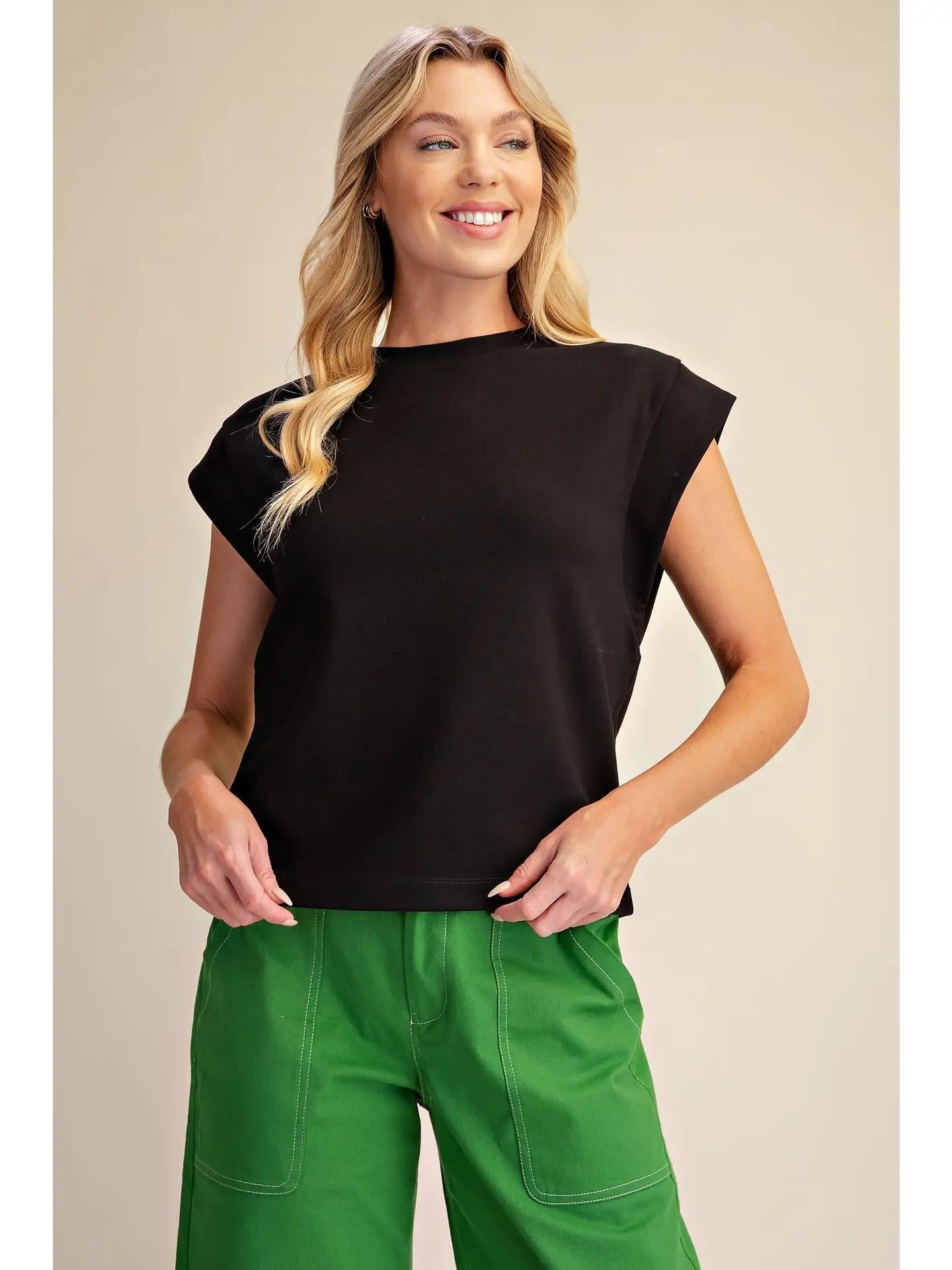 Round Neck Drop Shoulder Pullover Top- Black