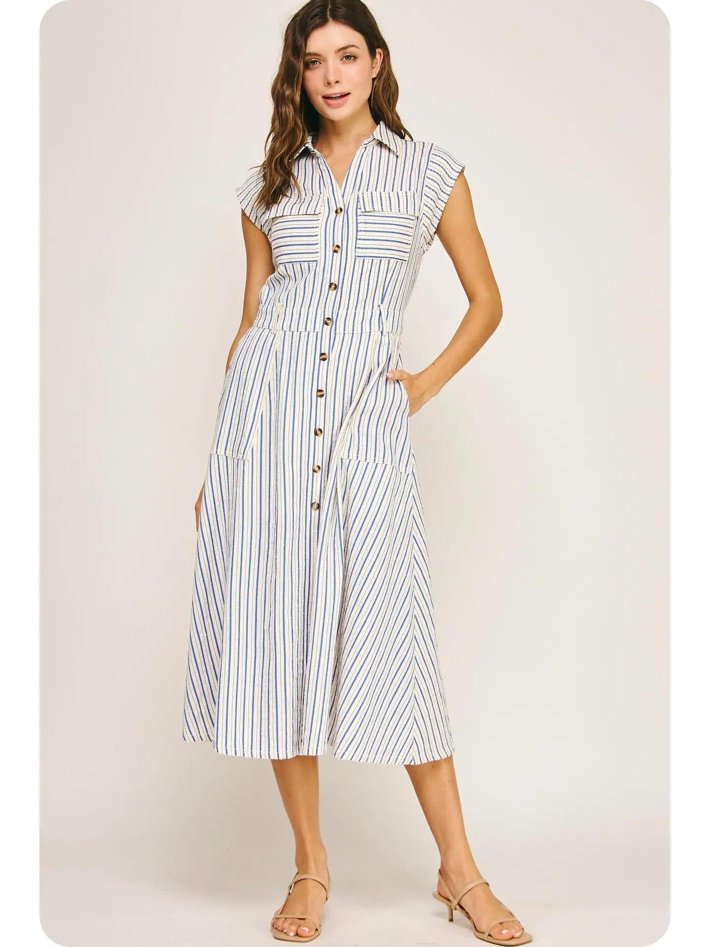 Top-Stitch Sleeveless Stripe Cotton Midi Dress