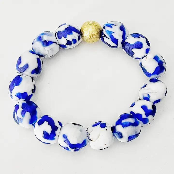 Blue & White Recycled Glass Bead Stretch Bracelet Brass