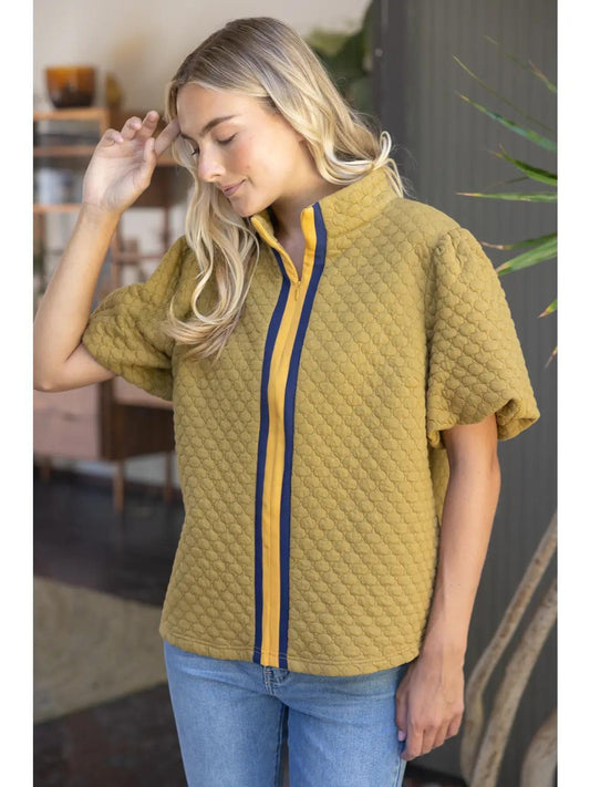 Stripe Placket Quarter Zipper Quilted Top