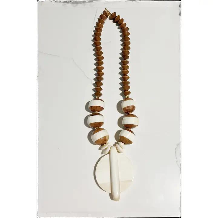 Wood, Glass & Bone Bead Necklace w/ Bone Circle Pendant