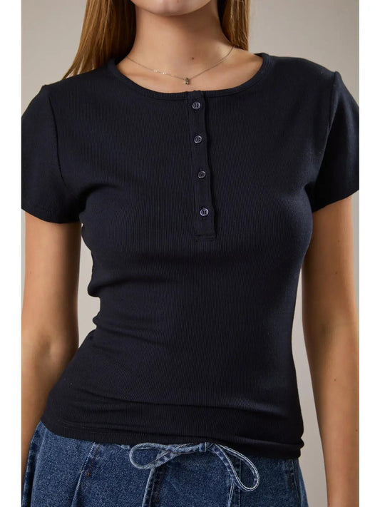 Short Sleeve Henley Knit Top- NAVY