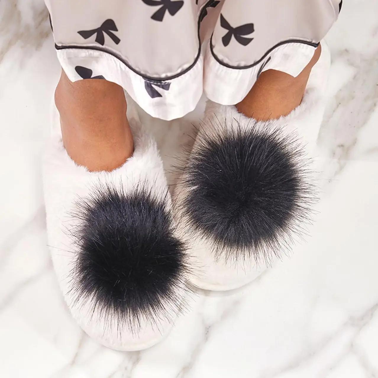 Plush Slippers - Ivory with Black Pom Pom