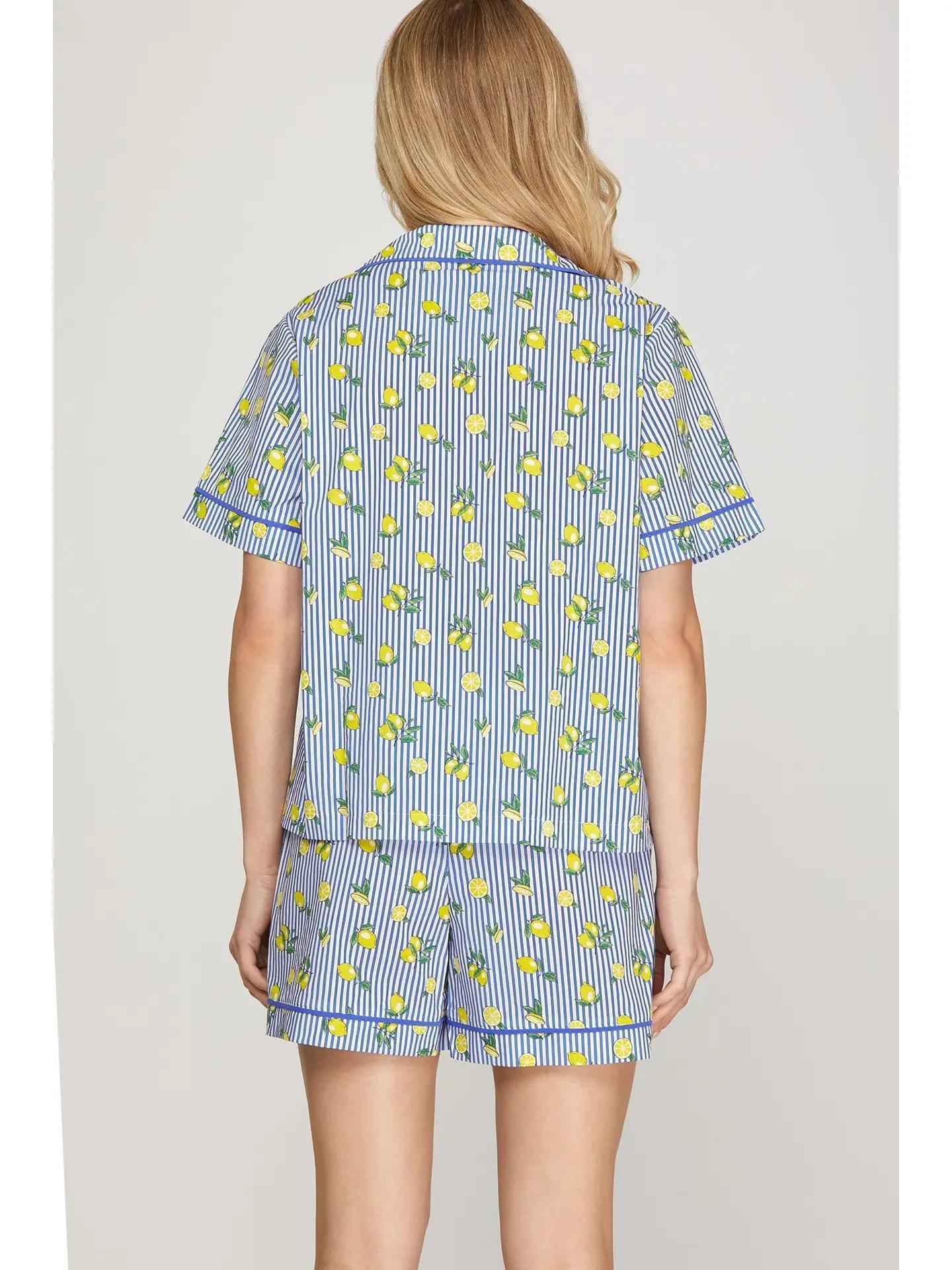 Stripe and Printed Woven Top and Shorts Pajama Set