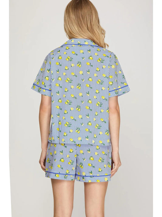 Stripe and Printed Woven Top and Shorts Pajama Set