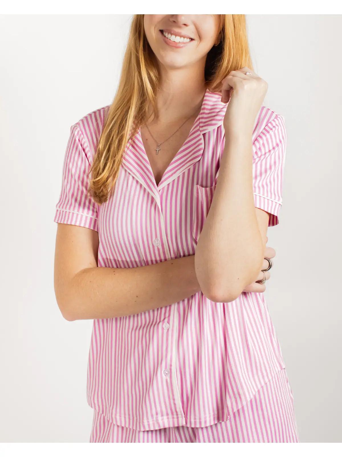 Pinstripe Short Sleeve Button Up Sleep Shirt Pink/White