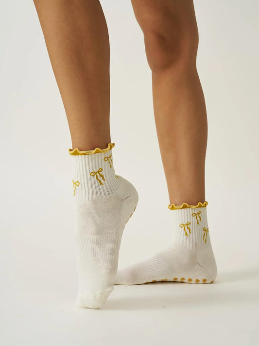 Bow Ruffle Grip Sock [Gold], Pilates Socks