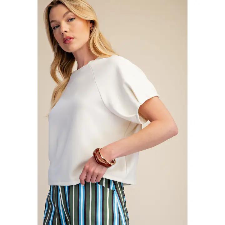 Round Neck Puff Short Sleeve Pullover Top- Ivory