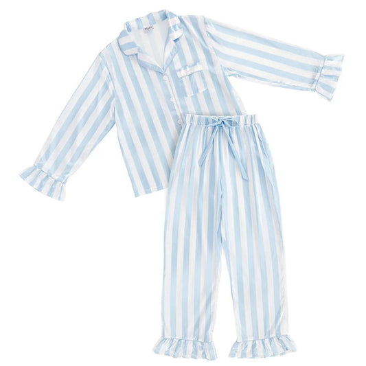 Ruffle Pj Set with Velvet Tie - Blue Stripe
