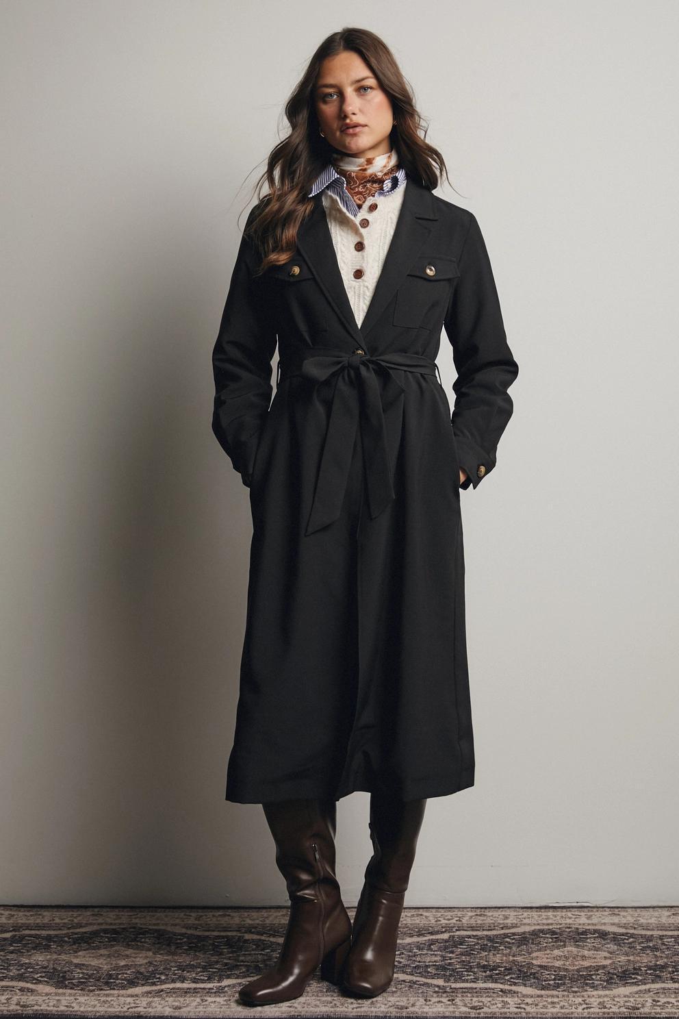 Double Pocket Belted Trench Coat (Black)