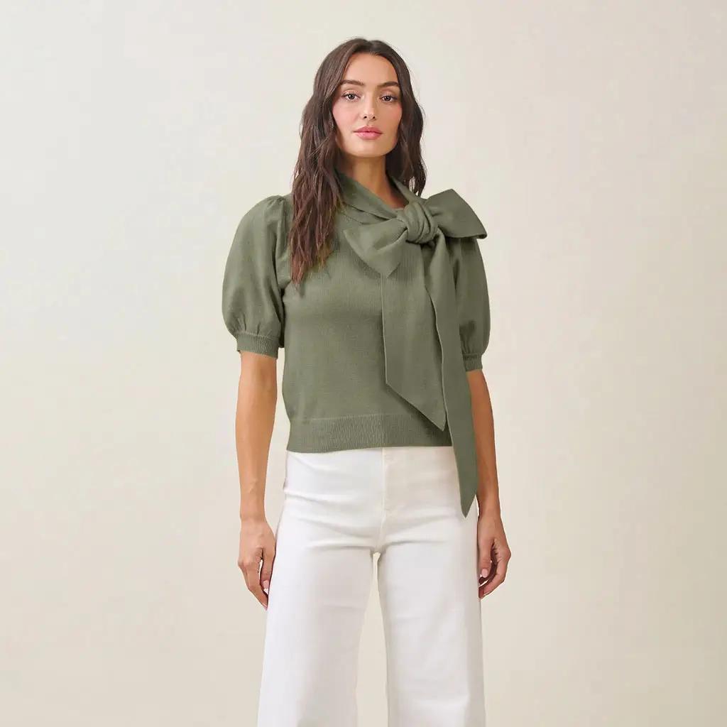 Bow Sweater Top- Olive