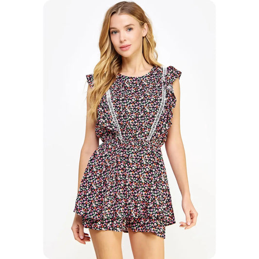 Lace Trim Floral Romper