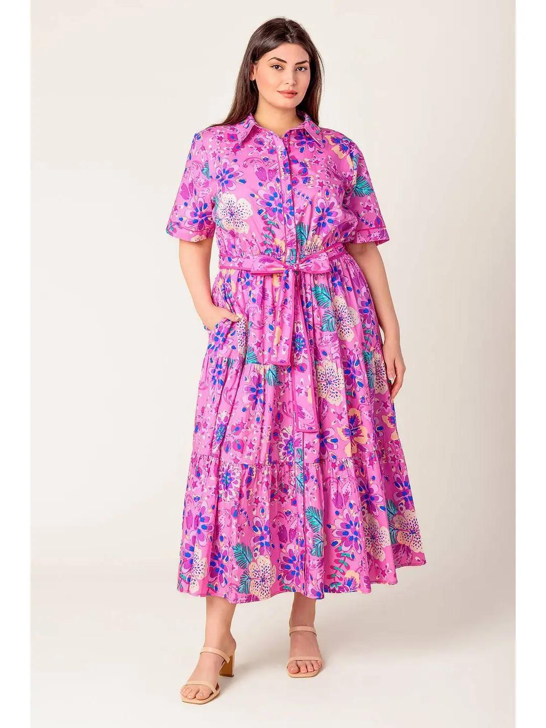 knee length dresses for ladies Pink Printed Woven Shirt Midi Dress – Edgar Rae