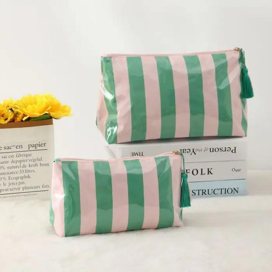 Travel Stripe Cosmetic Makeup Pouch Bag- Pink Green