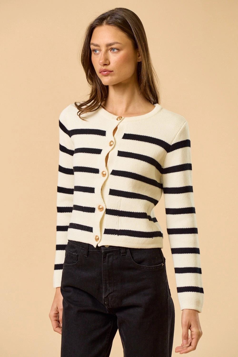 Striped Button Down Sweater with Gold Buttons