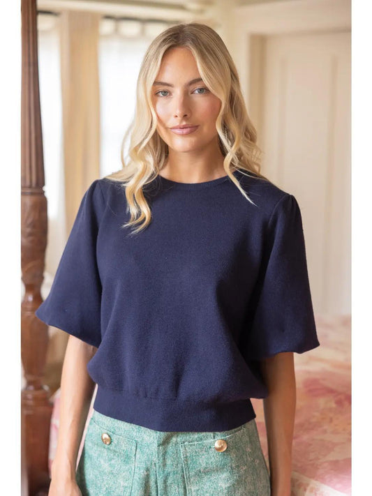 Solid Knit Short Bubble Sleeve Top- Navy